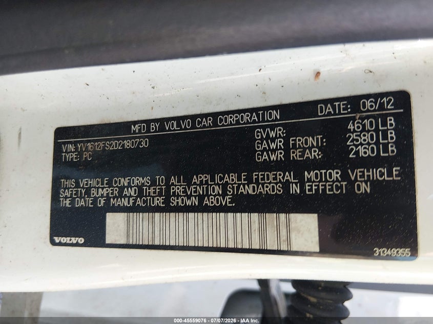 2013 Volvo S60 VIN YV1612FS2D2180730 IAAI salvage auction — NORMAL WEAR, Clear (South Carolina), sold $2,950 on 2026-07-15 (photo 9)