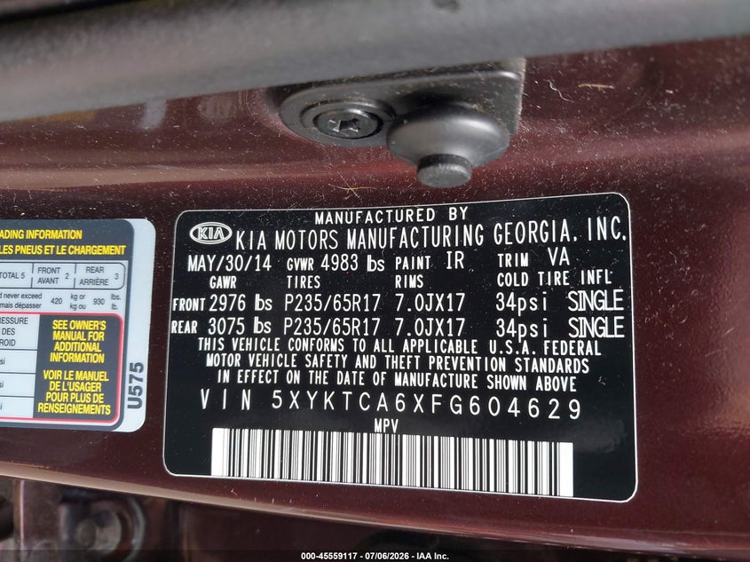2015 Kia Sorento VIN 5XYKTCA6XFG604629 IAAI salvage auction — NORMAL WEAR, Original (New Hampshire), sold $1,150 on 2026-07-29 (photo 9)