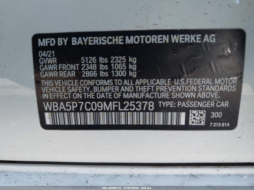 2021 BMW 3er VIN WBA5P7C09MFL25378 IAAI salvage auction — REAR END, Salvage Title, sold $7,200 on 2026-08-13 (photo 9)