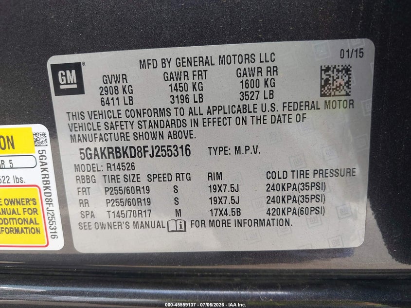 2015 Buick Enclave VIN 5GAKRBKD8FJ255316 IAAI salvage auction — NORMAL WEAR, Salvage Title, sold $900 on 2026-08-28 (photo 9)