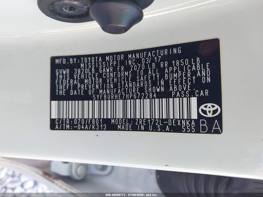 2017 Toyota Corolla VIN 5YFBURHE7HP672284 IAAI salvage auction — FRONT END, Salvage (Alabama), sold $250 on 2026-07-23 (photo 9)