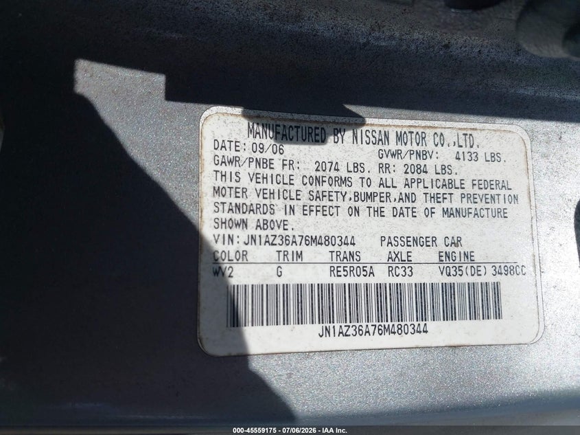 2006 Nissan 350z VIN JN1AZ36A76M480344 IAAI salvage auction — NORMAL WEAR, Clear (Montana), sold $175 on 2026-07-29 (photo 9)