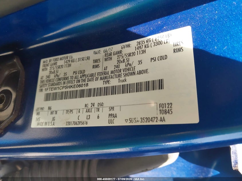 2017 Ford F-150 VIN 1FTEW1CP5HKE06018 IAAI salvage auction — RIGHT SIDE, Salvage Title, sold $6,250 on 2026-07-31 (photo 9)