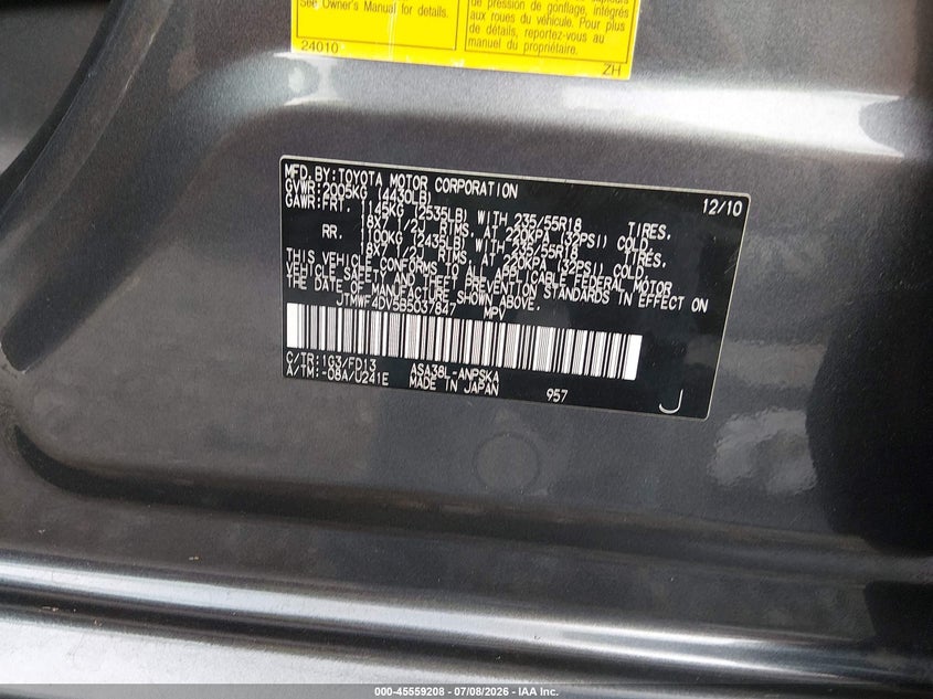 2011 Toyota Rav4 VIN JTMWF4DV5B5037847 IAAI salvage auction — REAR END, Salvage (Tennessee), sold $3,650 on 2026-08-01 (photo 9)