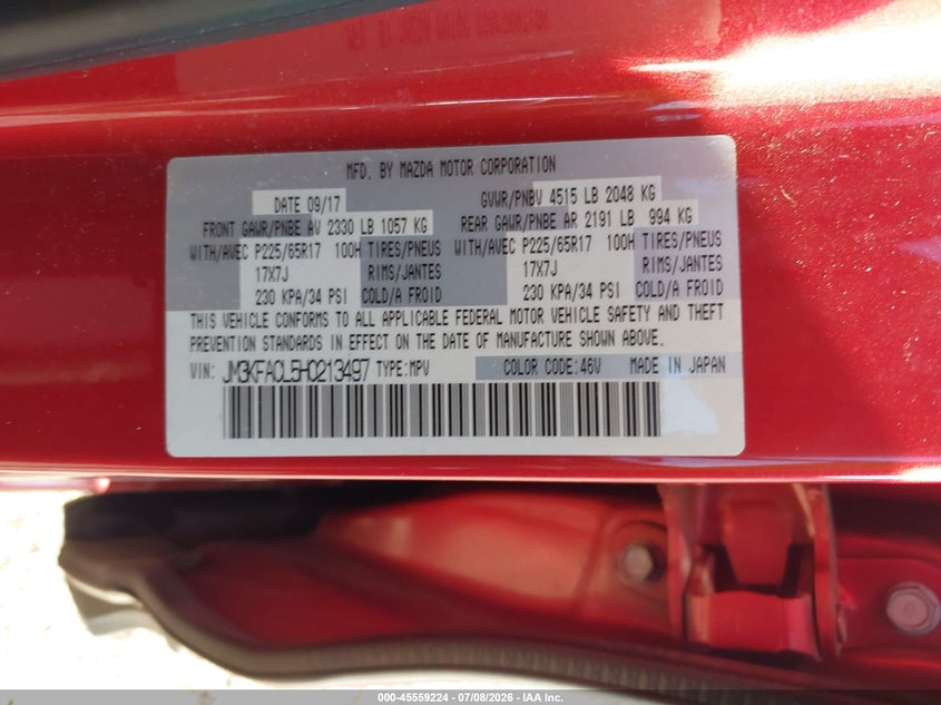 2017 Mazda Cx-5 VIN JM3KFACL5H0213497 IAAI salvage auction — REAR END, Salvage (Louisiana), sold $3,300 on 2026-07-19 (photo 9)