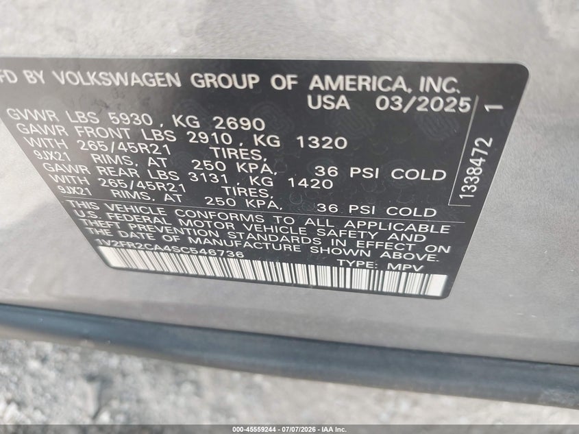 2025 Volkswagen Atlas VIN 1V2FR2CA4SC546736 IAAI salvage auction — FRONT END, Salvage (Indiana), sold $17,700 on 2026-07-29 (photo 9)