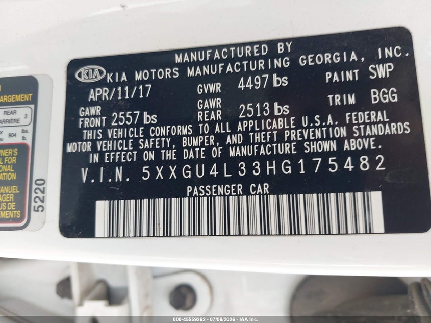 2017 Kia Optima VIN 5XXGU4L33HG175482 IAAI salvage auction — FRONT END, Salvage (Colorado), sold $1,750 on 2026-08-22 (photo 9)