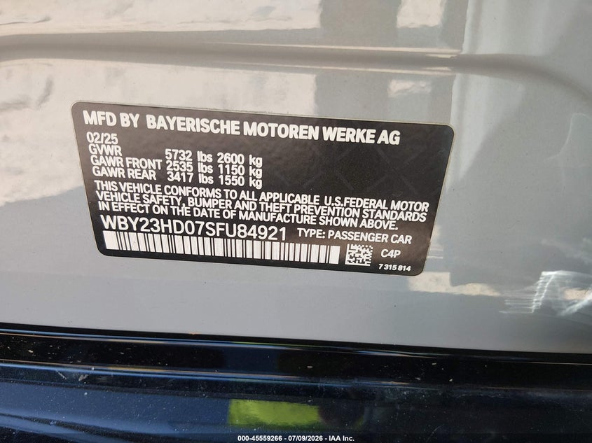 2025 BMW I4 VIN WBY23HD07SFU84921 IAAI salvage auction — UNKNOWN, Salvage Title, sold $26,100 on 2026-09-03 (photo 9)