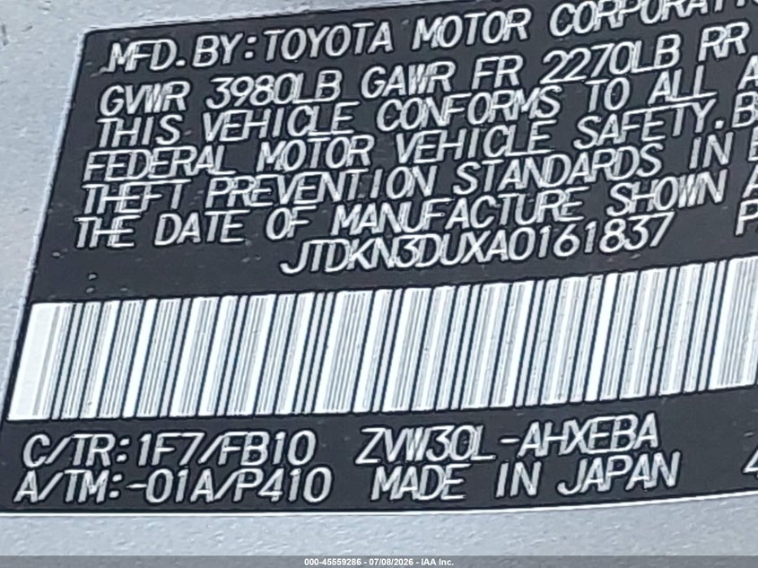 2010 Toyota Prius VIN JTDKN3DUXA0161837 IAAI salvage auction — FRONT & REAR, Mv-907A (New York), sold $850 on 2026-07-21 (photo 9)