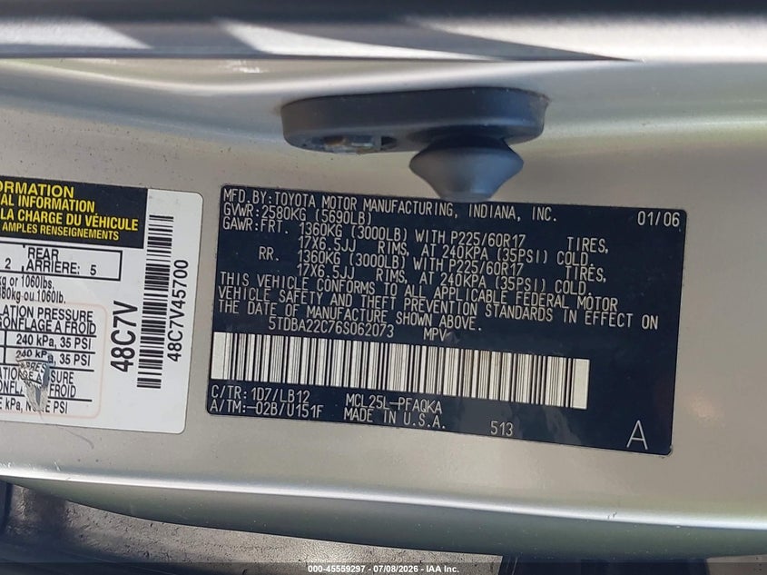 2006 Toyota Sienna VIN 5TDBA22C76S062073 IAAI salvage auction — NORMAL WEAR, Peddle Clear Public-Restricted (Oregon), sold $575 on 2026-07-28 (photo 9)