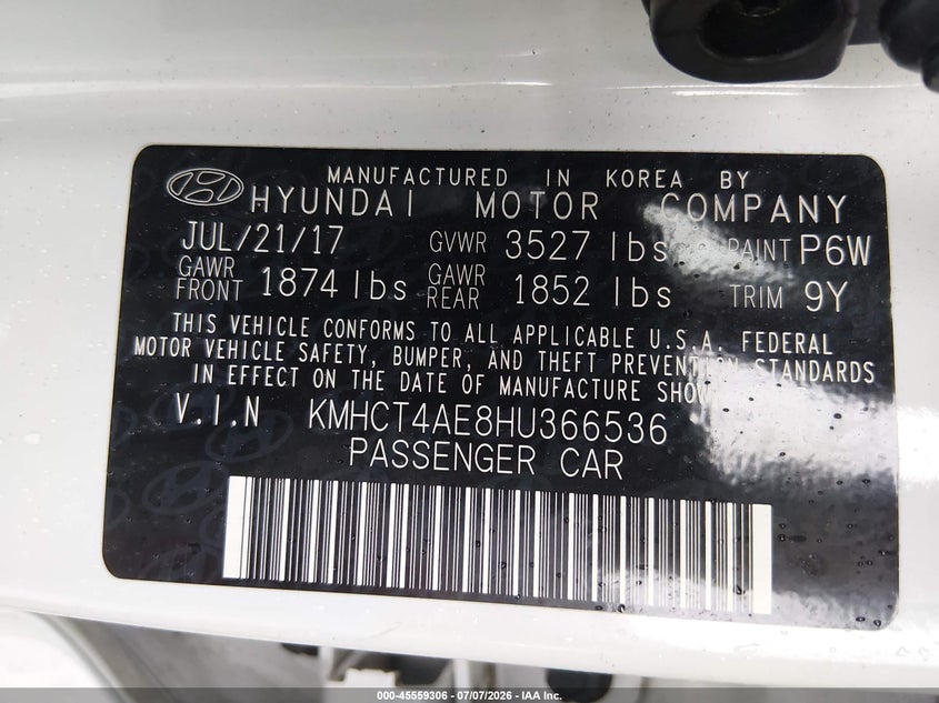 2017 Hyundai Accent VIN KMHCT4AE8HU366536 IAAI salvage auction — THEFT, Salvage (Connecticut), sold $525 on 2026-07-30 (photo 9)