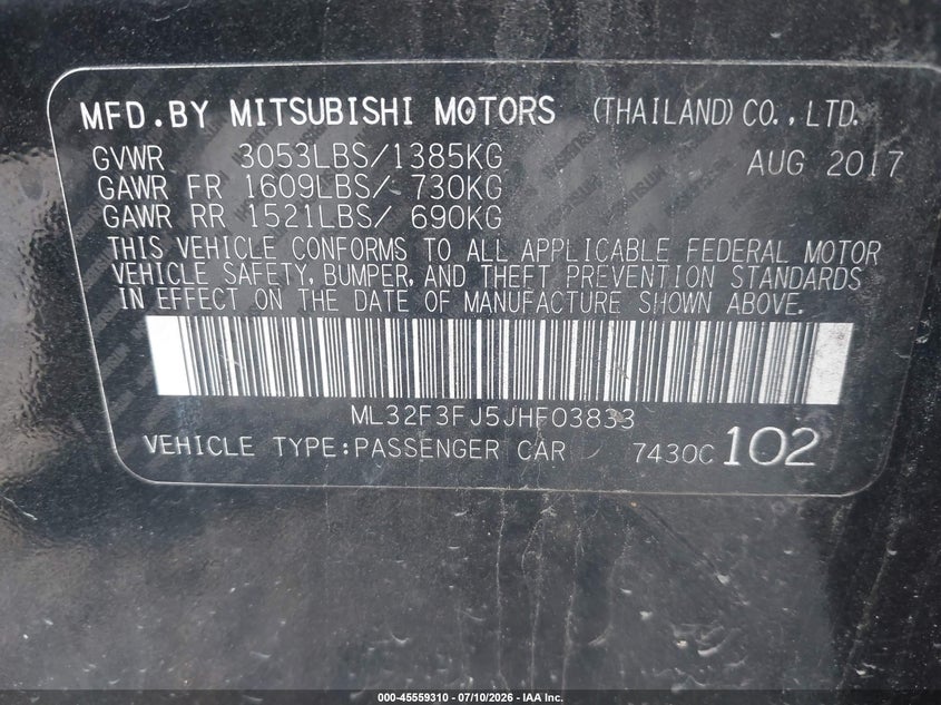 2018 Mitsubishi Mirage VIN ML32F3FJ5JHF03833 IAAI salvage auction — REAR END, Salvage Title, sold $1,050 on 2026-07-28 (photo 9)