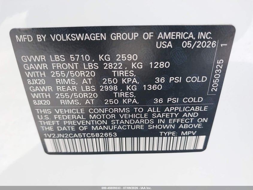 2026 Volkswagen Atlas VIN 1V2JN2CA5TC582653 IAAI salvage auction — REAR END, Rebuildable (Florida), sold $16,300 on 2026-07-29 (photo 9)