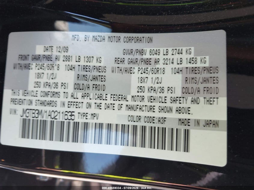 2010 Mazda Cx-9 VIN JM3TB3MV1A0211635 IAAI salvage auction — NORMAL WEAR, Clear - Dealer Only (California), sold $400 on 2026-07-20 (photo 9)