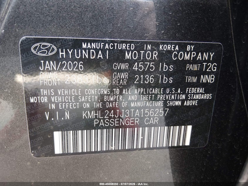 2026 Hyundai Sonata VIN KMHL24JJ3TA156257 IAAI salvage auction — RIGHT REAR, Enterprise Vehicles Clear Only (Louisiana), sold $13,200 on 2026-07-28 (photo 9)