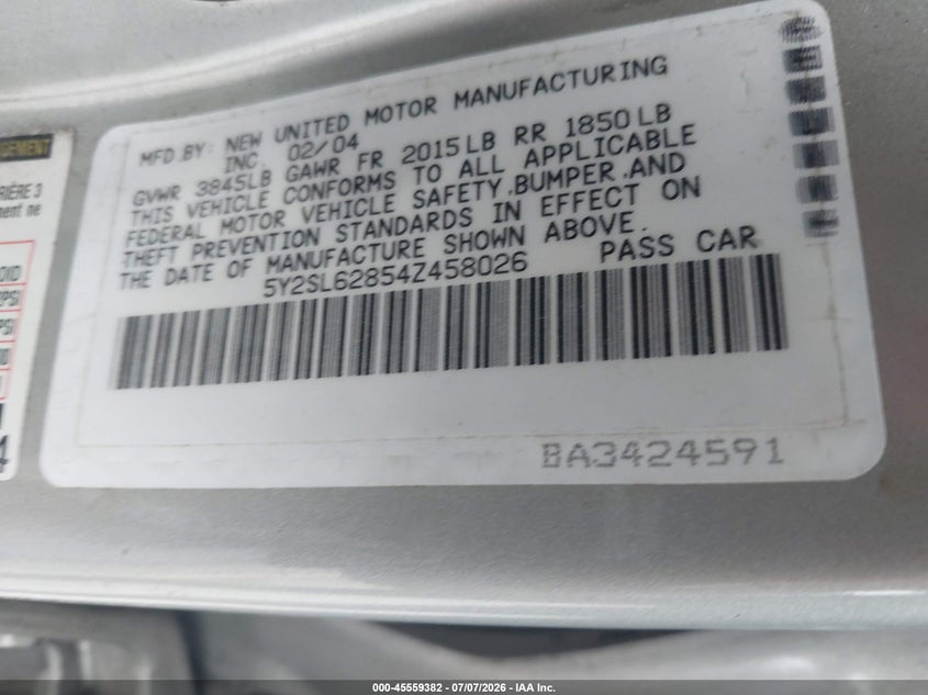 2004 Pontiac Vibe VIN 5Y2SL62854Z458026 IAAI salvage auction — NORMAL WEAR, App For Dup Clear (California), sold $325 on 2026-07-29 (photo 9)