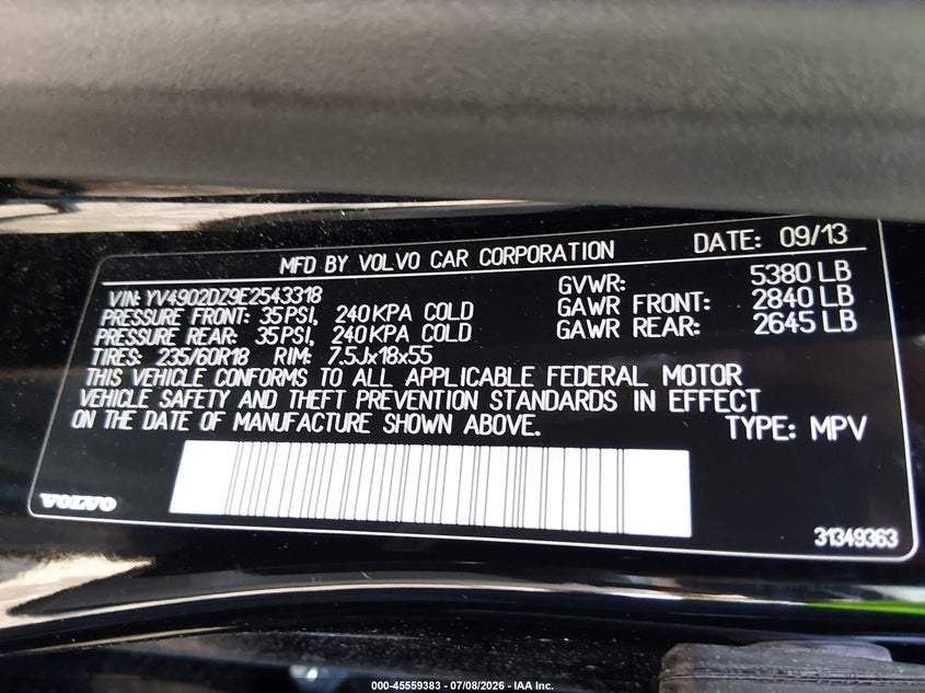 2014 Volvo Xc60 VIN YV4902DZ9E2543318 IAAI salvage auction — FRONT END, Wait Title, sold $1,850 on 2026-08-18 (photo 9)