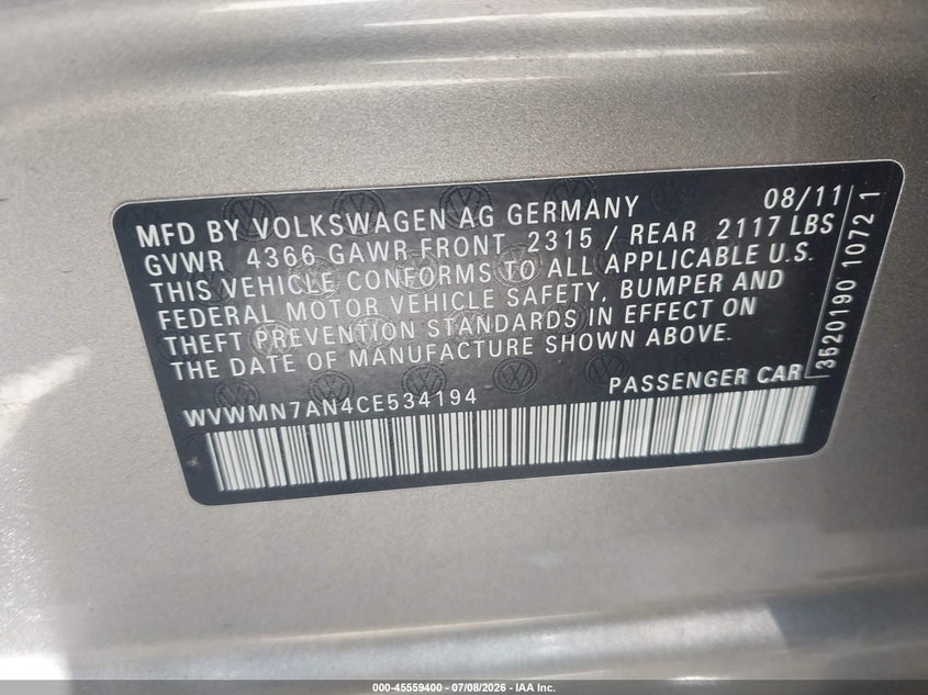 2012 Volkswagen Passat cc VIN WVWMN7AN4CE534194 IAAI salvage auction — NORMAL WEAR, Clear - Dealer Only (California), sold $350 on 2026-07-16 (photo 9)