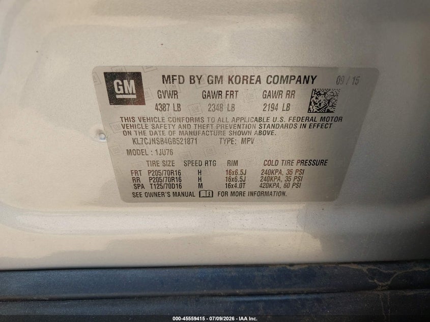 2016 Chevrolet Trax VIN KL7CJNSB4GB521871 IAAI salvage auction — ALL OVER, Clear (Texas), sold $1,375 on 2026-07-20 (photo 9)