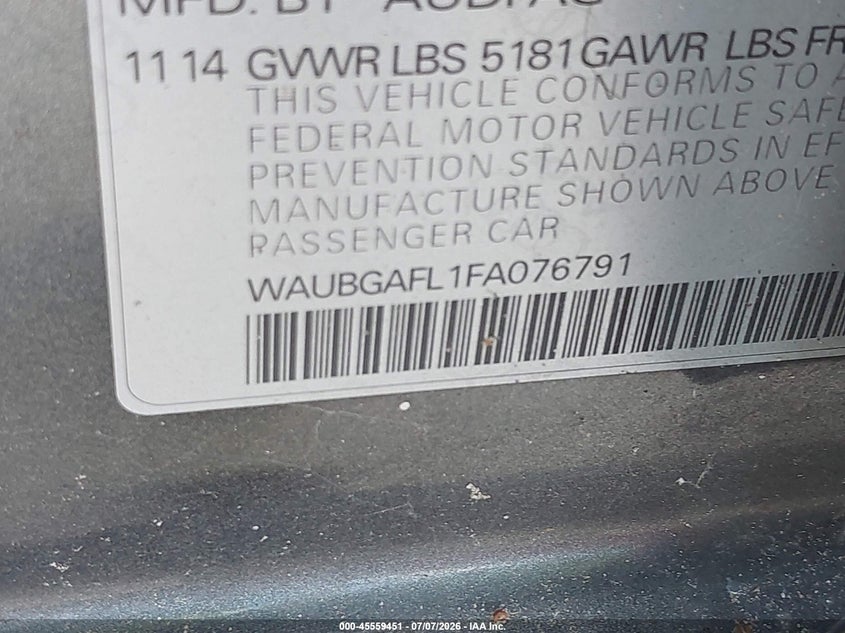 2015 Audi S4 VIN WAUBGAFL1FA076791 IAAI salvage auction — WATER/FLOOD, Salvage (Texas), sold $75 on 2026-07-24 (photo 9)