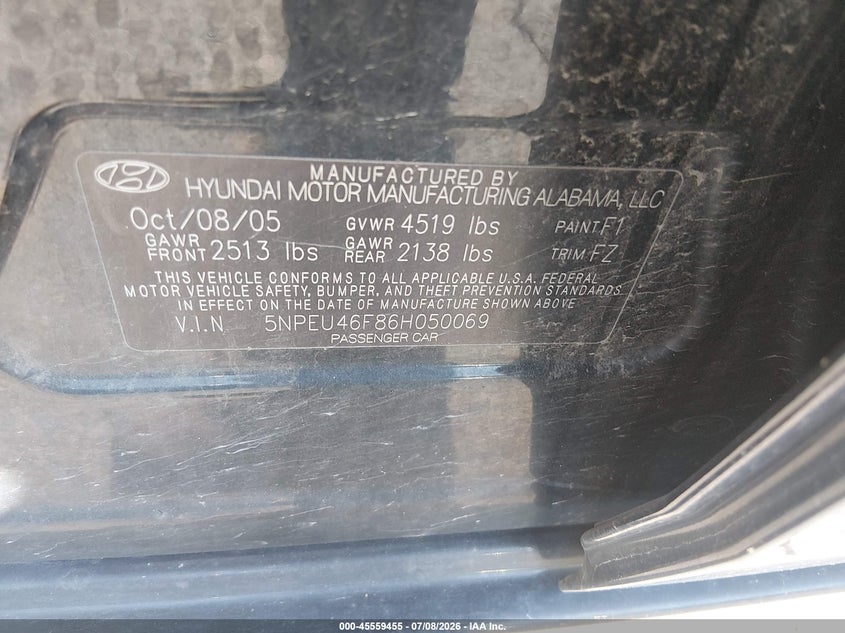 2006 Hyundai Sonata VIN 5NPEU46F86H050069 IAAI salvage auction — NORMAL WEAR, Clear (Missouri), sold $325 on 2026-07-16 (photo 9)