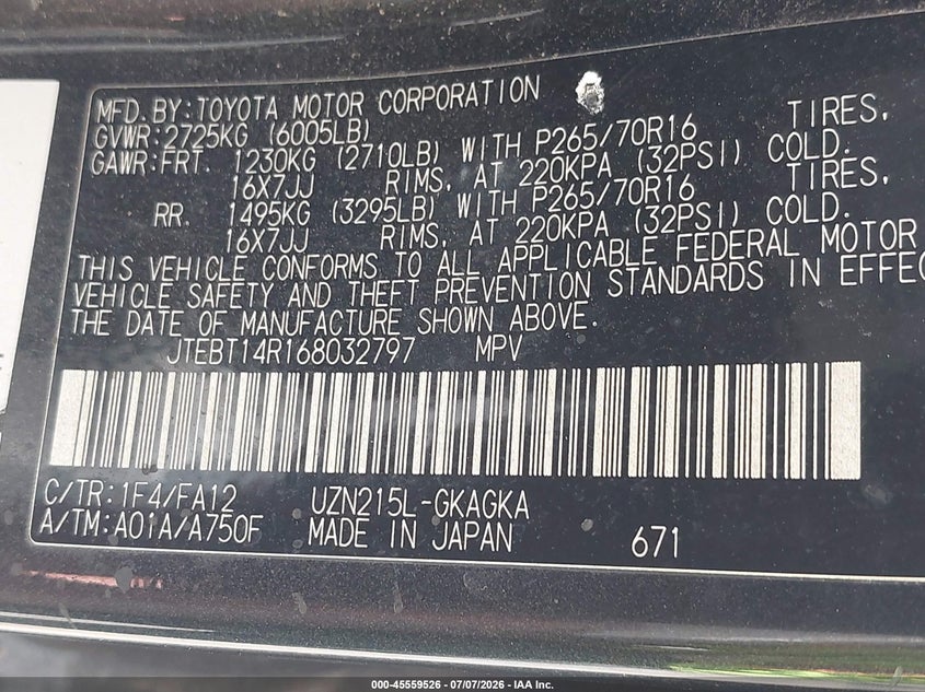 2006 Toyota 4runner VIN JTEBT14R168032797 IAAI salvage auction — RIGHT SIDE, Salvage (Nevada), sold $3,200 on 2026-07-31 (photo 9)