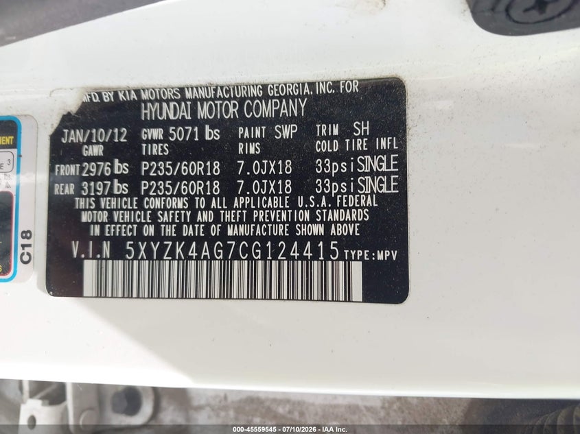 2012 Hyundai Santa fe VIN 5XYZK4AG7CG124415 IAAI salvage auction — LEFT REAR, Rebuildable (Florida), sold $325 on 2026-07-30 (photo 9)