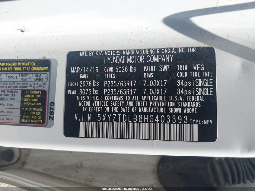 2017 Hyundai Santa fe VIN 5XYZTDLB8HG403393 IAAI salvage auction — REAR END, Salvage (Ohio), sold $1,350 on 2026-08-01 (photo 9)