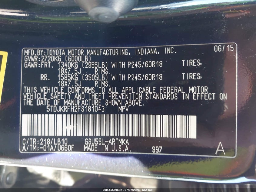 2015 Toyota Highlander VIN 5TDJKRFH2FS181043 IAAI salvage auction — RIGHT REAR, Salvage (California), sold $5,450 on 2026-07-22 (photo 9)