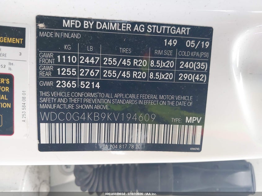 2019 Mercedes-benz Glc VIN WDC0G4KB9KV194609 IAAI salvage auction — RIGHT SIDE, Wait Title, sold $7,275 on 2026-08-19 (photo 9)