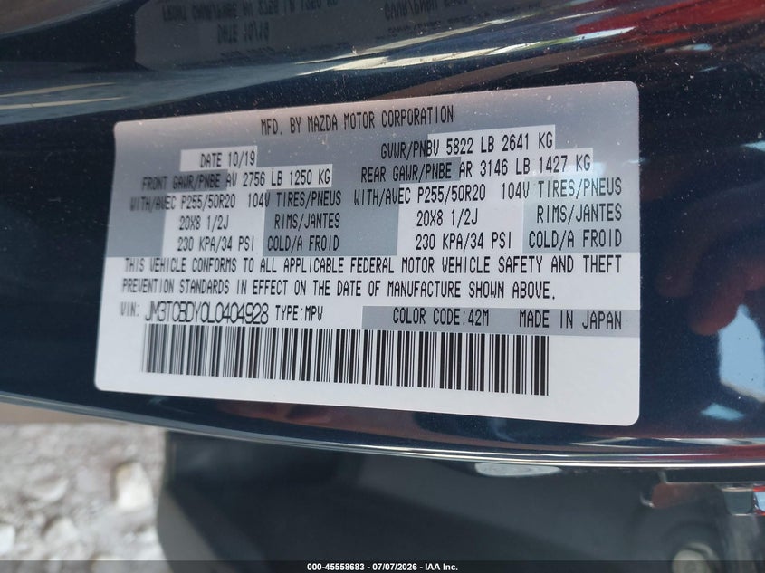 2020 Mazda Cx-9 VIN JM3TCBDY0L0404928 IAAI salvage auction — FRONT END, Clear Claim Paid (Wisconsin), sold $5,550 on 2026-07-16 (photo 9)