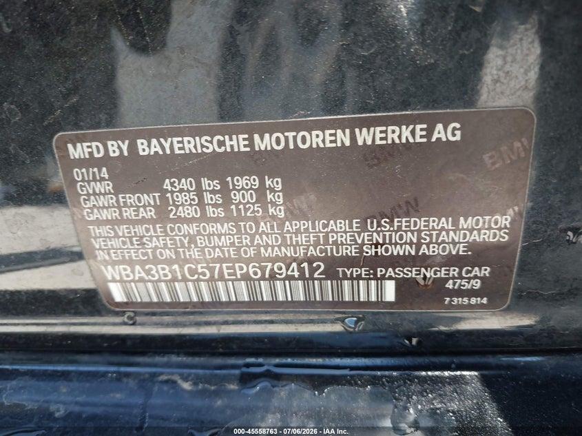 2014 BMW 3er VIN WBA3B1C57EP679412 IAAI salvage auction — RIGHT FRONT, Salvage Title, sold $1,200 on 2026-07-22 (photo 9)