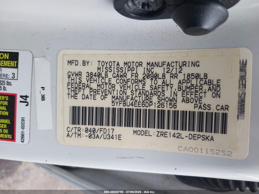 2013 Toyota Corolla VIN 5YFBU4EE6DP126156 IAAI salvage auction — SIDE, Salvage Title, sold $2,750 on 2026-07-28 (photo 9)