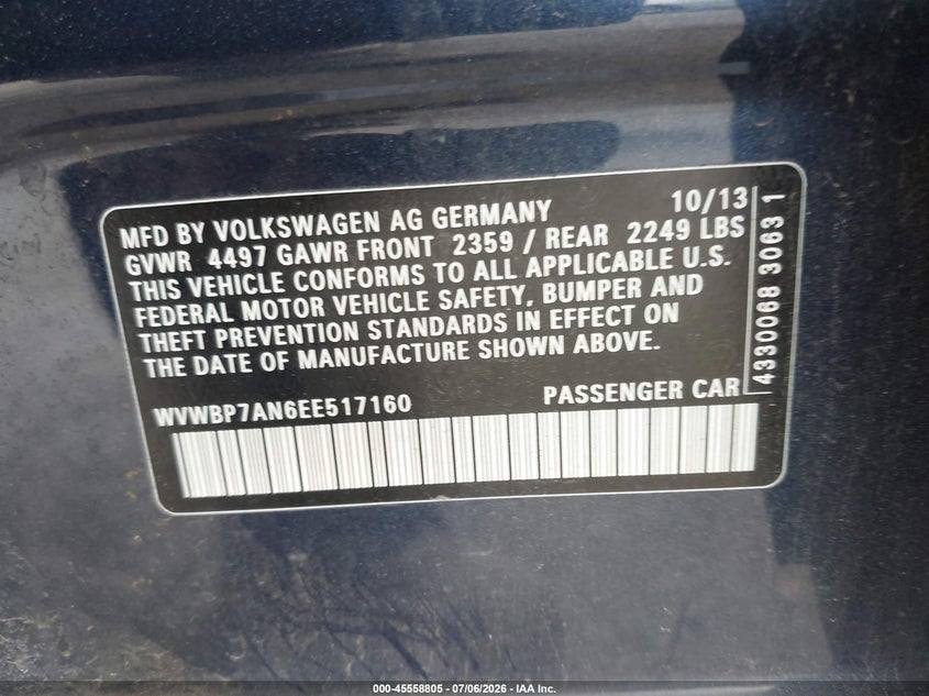 2014 Volkswagen Passat cc VIN WVWBP7AN6EE517160 IAAI salvage auction — NORMAL WEAR, Clear (Connecticut), sold $250 on 2026-07-29 (photo 9)