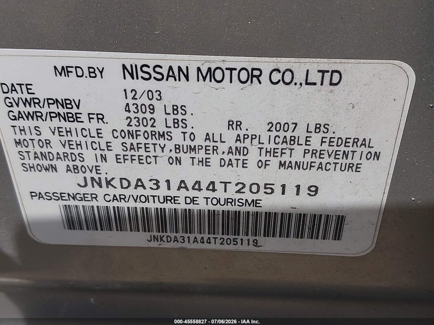 2004 Infiniti I35 VIN JNKDA31A44T205119 IAAI salvage auction — REAR END, Salvage (Ohio), sold $450 on 2026-07-16 (photo 9)