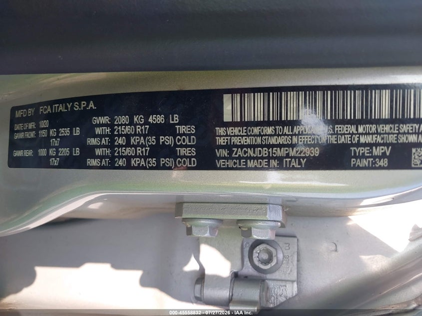 2021 Jeep Renegade VIN ZACNJDB15MPM22939 IAAI salvage auction — SIDE, Mv-907A (New York), sold $4,800 on 2026-08-19 (photo 9)