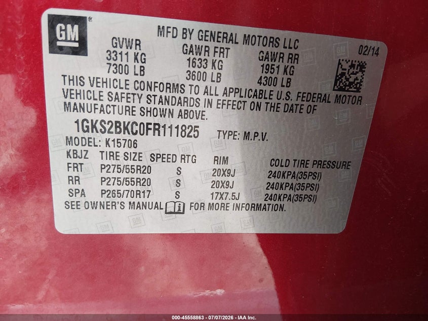 2015 Gmc Yukon VIN 1GKS2BKC0FR111825 IAAI salvage auction — FRONT END, Salvage (Texas), sold $5,500 on 2026-08-23 (photo 9)