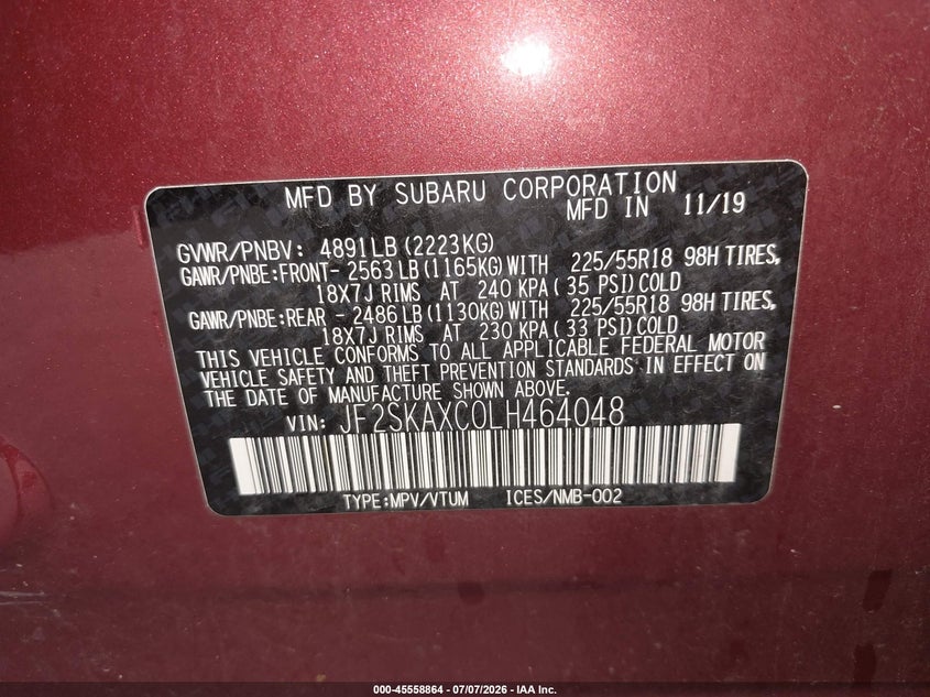 2020 Subaru Forester VIN JF2SKAXC0LH464048 IAAI salvage auction — BIO HAZARD, Mv-907A (New York), sold $25 on 2026-07-28 (photo 9)