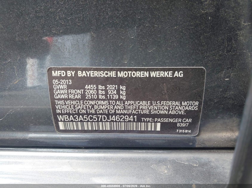 2013 BMW 3er VIN WBA3A5C57DJ462941 IAAI salvage auction — FRONT END, Salvage (North Carolina), sold $25 on 2026-07-29 (photo 9)
