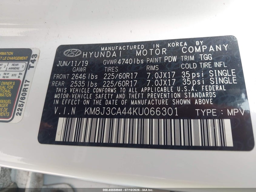 2019 Hyundai Tucson VIN KM8J3CA44KU066301 IAAI salvage auction — NORMAL WEAR, Original (Ohio), sold $4,075 on 2026-07-28 (photo 9)