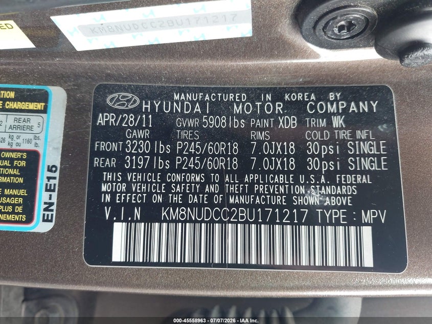 2011 Hyundai Veracruz VIN KM8NUDCC2BU171217 IAAI salvage auction — REAR END, Salvage (Pennsylvania), sold $825 on 2026-07-19 (photo 9)