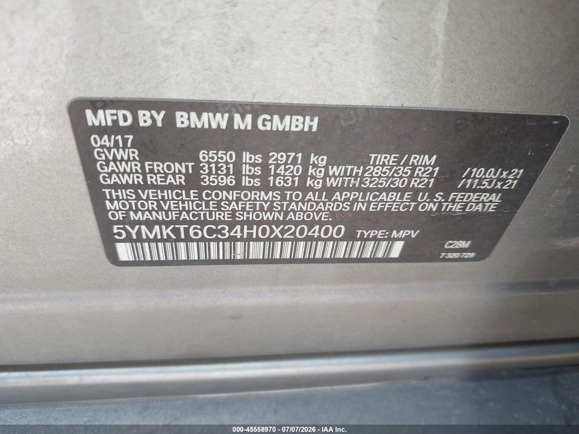 2017 BMW X5 m VIN 5YMKT6C34H0X20400 IAAI salvage auction — FRONT END, Clear (Indiana), sold $10,600 on 2026-08-01 (photo 9)