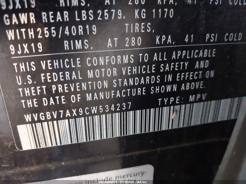 2012 Volkswagen Tiguan VIN WVGBV7AX9CW534237 IAAI salvage auction — NORMAL WEAR, Clear (New York), sold $400 on 2026-07-22 (photo 9)