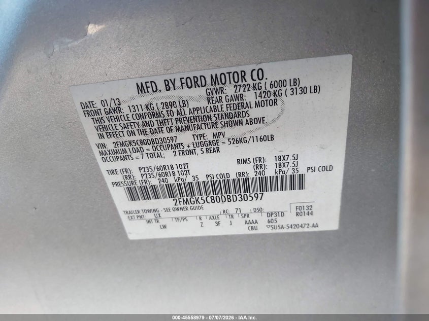 2013 Ford Flex VIN 2FMGK5C80DBD30597 IAAI salvage auction — UNKNOWN, Salvage (Arizona), sold $850 on 2026-07-25 (photo 9)