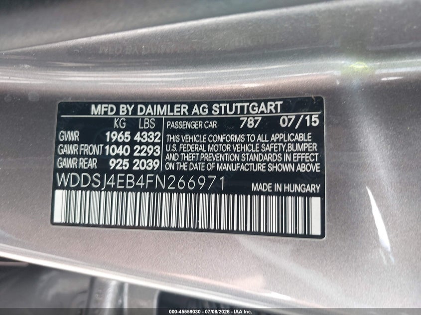 2015 Mercedes-benz Cla-klasse VIN WDDSJ4EB4FN266971 IAAI salvage auction — FRONT END, Salvage Title, sold $2,650 on 2026-08-11 (photo 9)