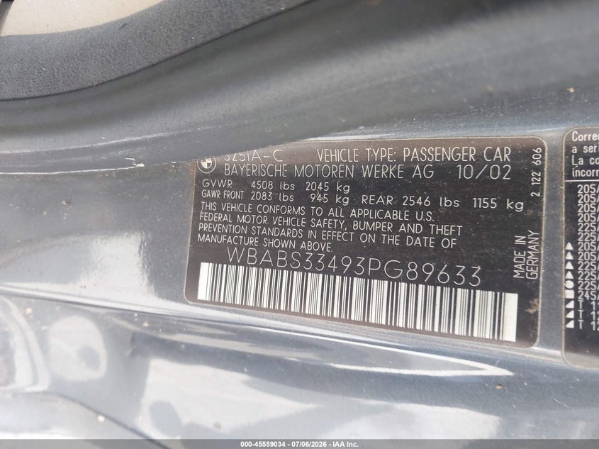 2003 BMW 3 series VIN WBABS33493PG89633 IAAI salvage auction — NORMAL WEAR, Repossession Paperwork (Georgia), sold $425 on 2026-08-05 (photo 9)