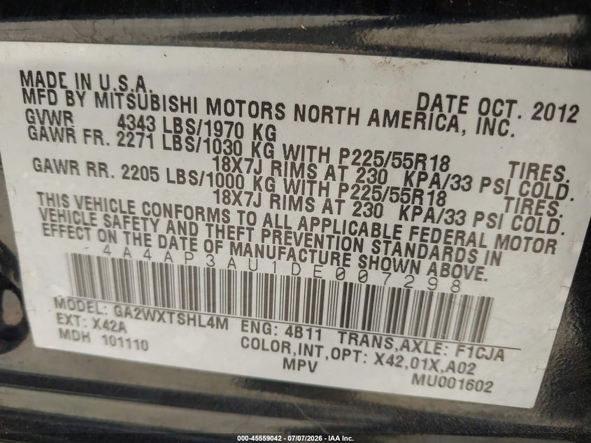 2013 Mitsubishi Outlander VIN 4A4AP3AU1DE007298 IAAI salvage auction — FRONT END, Salvage (Texas), sold $650 on 2026-08-03 (photo 9)