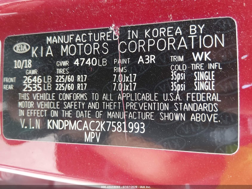 2019 Kia Sportage VIN KNDPMCAC2K7581993 IAAI salvage auction — FRONT END, Clear (Wisconsin), sold $2,625 on 2026-07-29 (photo 9)