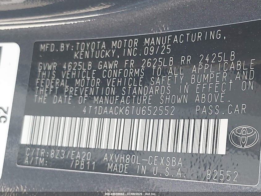 2026 Toyota Camry VIN 4T1DAACK6TU652552 IAAI salvage auction — WATER/FLOOD, Salvage (Texas), sold $10,750 on 2026-08-26 (photo 9)