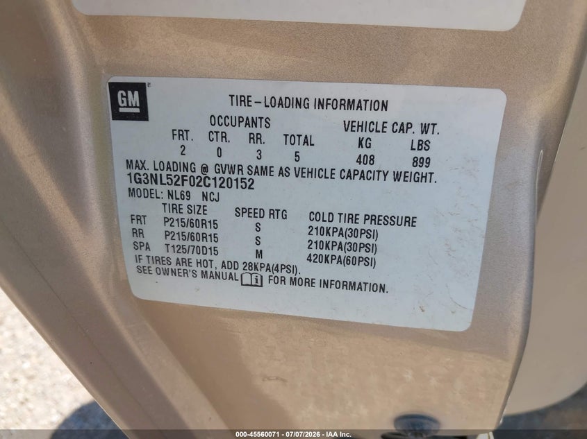 2002 Oldsmobile Alero VIN 1G3NL52F02C120152 IAAI salvage auction — NORMAL WEAR, Original (Texas), sold $25 on 2026-07-29 (photo 9)
